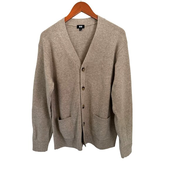 UNIQLO Premium Lambswool V-Neck Cardigan Beige Knit Pockets Size Med - Picture 1 of 7